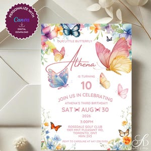 Faire-part d'anniversaire papillon • Modèle de garden-party modifiable pour les filles • Invitation florale d'anniversaire de printemps • Téléchargement numérique de tout âge