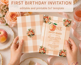 Eerste verjaardagsuitnodiging | Sweet as a Peach verjaardagsuitnodiging | Perzik eerste verjaardagsfeestje | Dubbelzijdig bewerkbare sjabloon van 5 x 7