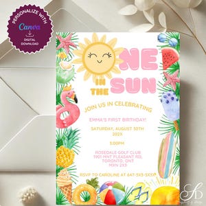 One in the Sun Birthday Invitation | 1st Birthday Pool Party Invite | Summer Printable for Girls or Boys | Editable Template