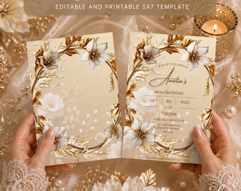 Invitación de cumpleaños con flores doradas / Invitación editable para fiesta de cumpleaños / Plantilla de invitación de 5x7
