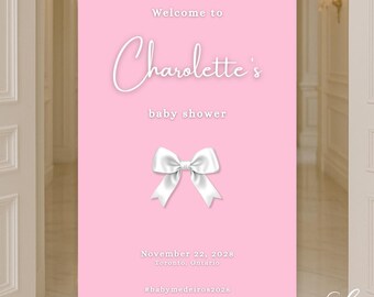 Blush Pink Baby Shower Welcome Sign | Elegant Bow Baby Shower Sign | Minimalist Girl Shower Decor | Editable 24x36 Welcome Sign