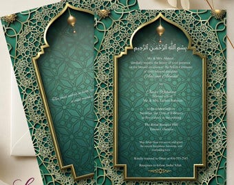 Einladung zur Nikah-Zeremonie in Smaragdgrün und Gold | Islamische Hochzeit, verzierter Bogen (5x7 bearbeitbare Karte)