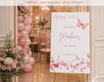 Pink Butterfly Baby Shower Welcome Sign | Floral Girl Editable 24x36 Template