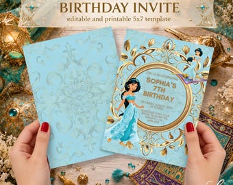 Verjaardagsuitnodiging prinses Jasmine | Elegante blauwe en gouden prinsessenfeestuitnodiging | Dubbelzijdige 5 x 7 bewerkbare digitale uitnodiging