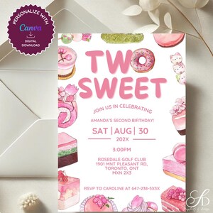 Two Sweet Birthday Invitation – Editable 2nd Birthday Invite for Girls – Dessert Theme Printable Template