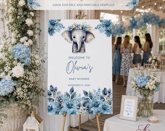 Blue Floral Elephant Baby Shower Welcome Sign | Editable 24x36 Template