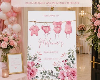 Pink Clothesline Baby Shower Welcome Sign | Editable Floral Nursery Decor (Digital Download)