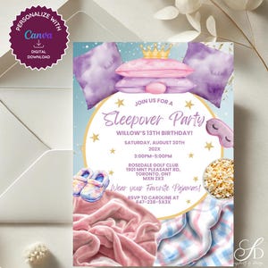 Editable Sleepover Party Invitation for Girls – Pajama Party Birthday Invite – Tween Slumber Printable