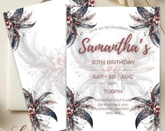 Invitation d'anniversaire bohème à motifs floraux et plumes | Invitation rustique et neutre pour une fête (Téléchargement numérique)