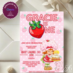 Strawberry Shortcake Erste Geburtstagseinladung • 5x7 bearbeitbare Mädchenparty einladen