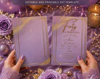 Invitación de cumpleaños número 40 en morado y dorado / Plantilla editable geométrica con purpurina de 5x7 pulgadas