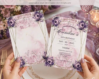 Floral Birthday Invitation | Blush & Lavender Birthday Invite | Elegant Any Age Celebration | Double-Sided Editable 5x7 Template