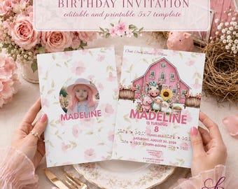 Invitación de cumpleaños de granja / Invitación para fiesta de animales de granja rosa / Cumpleaños de niña con temática de granja / Plantilla editable de doble cara de 5x7