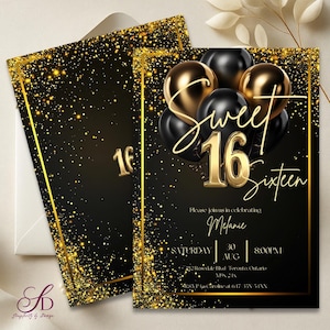 Black and Gold Sweet 16 Invitation: Glam Luxe Birthday Party (Digital Download