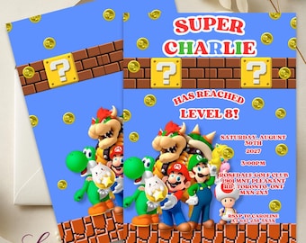 Super Mario Geburtstagseinladung | Mario Bros Videospiel-Party einladen | Bearbeitbar 13x18 Kindergeburtstagseinladung | Level Up Gaming Theme
