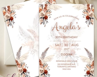 Convite de Aniversário Boho | Convite para Festa Floral Pampas | Celebração Moderna em Tons Neutros | Download Digital Editável 5x7