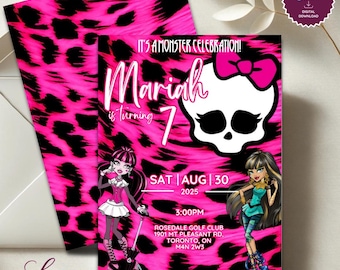 Monster High Birthday Invitation: Glam Goth Party, Pink Skull (Editable Template, Digital Download)
