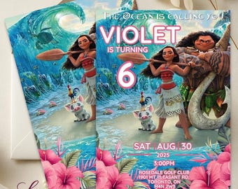 Invitación de cumpleaños de Moana / Invitación editable para fiesta infantil / Temática oceánica / Diseño de aventura isleña / Invitación digital imprimible