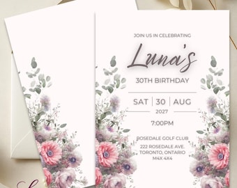 Elegant Floral Birthday Invitation | Editable Birthday Party Invite | Soft Pink Watercolor 5x7 Celebration Invitation