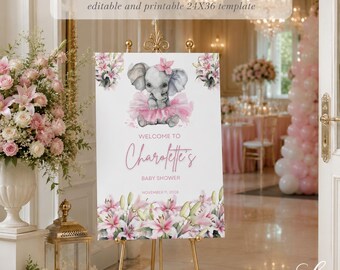 Pink Elephant Baby Shower Welcome Sign | Floral Girl Editable 24x36 Template