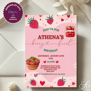 Berry First Birthday Invitation: Strawberry Party, Pink Theme (5x7 Printable Template)