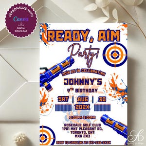 Uitnodiging voor Ready Aim-feestje • Bewerkbare op nerf geïnspireerde verjaardagsuitnodiging • Afdrukbaar doelfeestje • Sjabloon digitale uitnodiging jongens