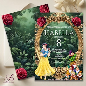 Invito di compleanno di Biancaneve / Invito per la festa a tema Principessa Specchio Specchio / Compleanno a tema Bambina della Foresta delle Fiabe / Modello fronte-retro 5x7