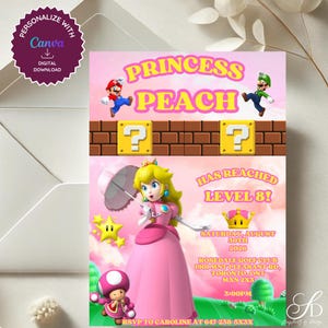 Invito di compleanno della Principessa Peach • Invito modificabile per la festa di Super Mario per ragazze • Tema giocatore di livello superiore rosa • Modello di compleanno per QUALSIASI età