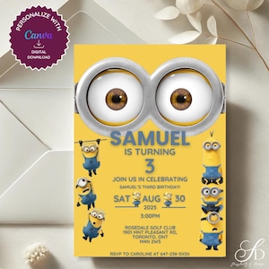 Faire-part d'anniversaire Minions • Faire-part d'anniversaire jaune modifiable pour tous les âges pour enfants • Modèle imprimable de dessin animé mignon