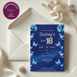 Invito di compleanno modificabile per i 16 anni / Farfalle blu e design glitterato / Modello stampabile 5x7 / Download immediato