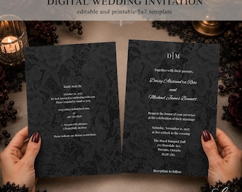 Invitación de boda floral con encaje negro / Elegante invitación gótica de 5x7 pulgadas para imprimir (descarga digital)