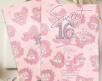 Zaproszenie na 16. urodziny z różowym brokatem i nadrukiem w panterkę: Glam Birthday Party (do pobrania w wersji cyfrowej)