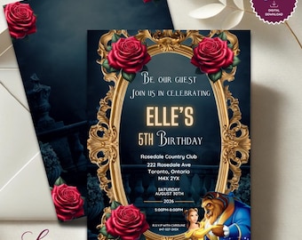 Beauty and the Beast Birthday Invitation: Princess Belle Party (Editable Template, 5x7 inches) (Digital Download)