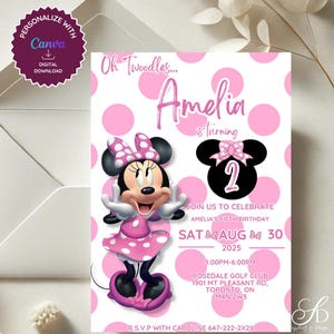 Invitation d'anniversaire de fille de Zazzle.be Liste d'envies Vous avez des idées ? Faire-part modifiable pour le 2e anniversaire de Minnie rose | Téléchargement numérique | Modèle de fête souris imprimable