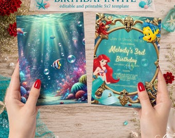 Invito di compleanno a tema Sirenetta / Invito per festa a tema oceano sottomarino / Invito stampabile fronte-retro 5x7