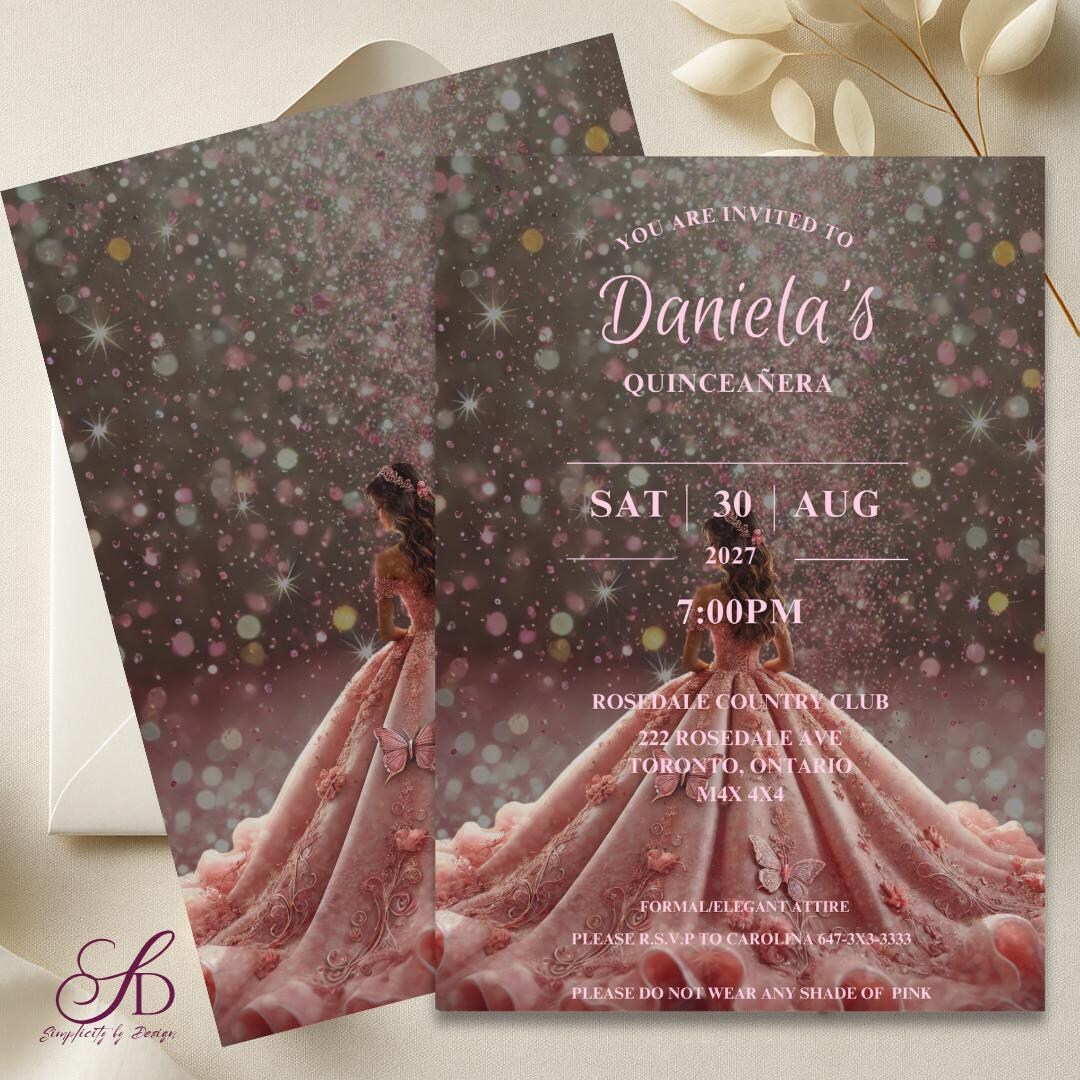 rose gold sparkle dress quinceanera invitation Quinceañera Invitation | Princess Dress Quinceanera Invite | Pink Sparkle  Quinceañera Invitation | Double Sided Editable 5x7 Template