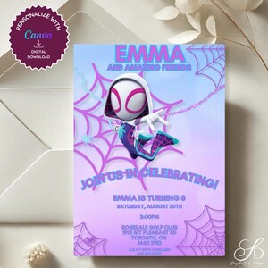Convite de aniversário da Spider Gwen • Convite editável de super-heroína – rosa e roxo para impressão e download para todas as idades