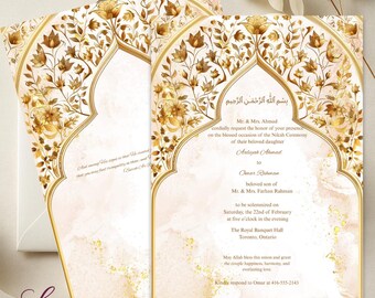 Gold Arch Floral Islamic Wedding Invitation | Nikah Ceremony Invite | Double Sided 5x7 Editable Digital