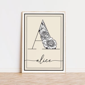Personalisierter Blumenname & Initialdruck, benutzerdefinierter Name Wandkunst, Schlafzimmer Alphabet Dekor, personalisiertes Initial Poster, Andenken Geschenk für Sie