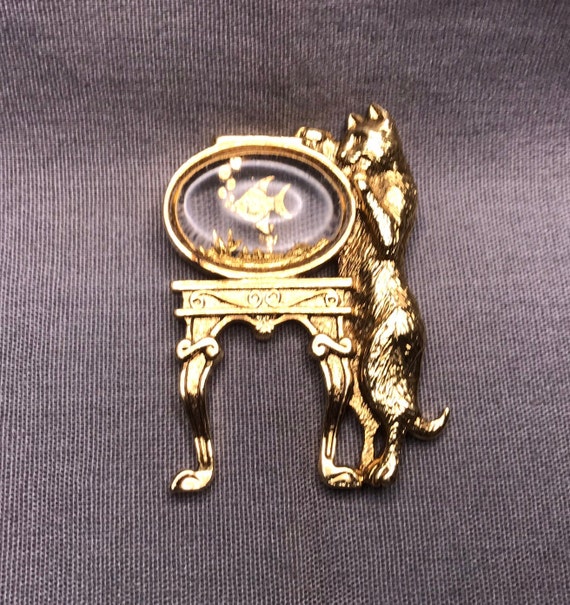 Cat Playing with Fish Brooch, Gold Tone