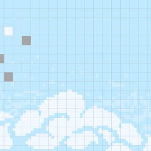 Pode incluir: Um fundo azul claro com um padrão de grade. Um grupo de quadrados cinzentos está no canto superior esquerdo da imagem. Um único quadrado branco está no meio superior da imagem. A metade inferior da imagem é preenchida com um padrão de nuvem branca.