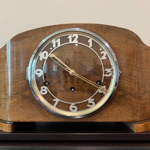 Art Deco German Mantel Clock | Dual Chime Westminster & Whittington | Solid Wood Case | Hermle 196 Movement | D.R.G.M. Bezel