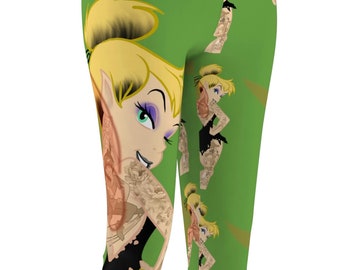 Tinkerbell Women's Cut & Sew Casual Leggings, Disney, Goth, Disney princess, Gothic, Punk, Tattooed Tinkerbell, Punk Disney, Goth Princess,