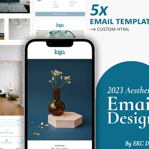 May include: A mockup of an email template design with a blue background and a small bouquet of white flowers in a brown glass vase on a pink hexagonal stand. The text "2023 Aesthetic Email Design" is displayed in white text on a teal blue circle. The text "By EKC Digital" is displayed in white text below the circle. The text "logo" is displayed in the top left corner of the email template.