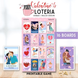 Valentinstag Loteria Party Spiel Liebesthema Mexikanische Loteria Amor y Amistad Loteria St. Valentinstag Druckbare Sofortdownload, 16 Spieler