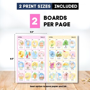 May include: A colorful Loteria game print with two boards per page, each measuring 5.5 x 8.5 inches. The print includes the text "2 Print Sizes Included" and "Boards Per Page". The game boards feature various illustrated images.