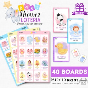 Babyshowerloteria, 40 unieke borden, 56 visitekaartjes, Mexicaanse babyshowerbingo, afdrukbare tokens, perfect voor een geslachtsfeestje