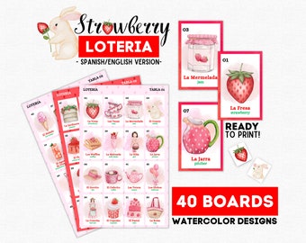 Strawberry Loteria, 40 Boards, 54 Calling Cards, Tokens, Tea Party, Strawberry Theme Birthday Bingo, Loteria de Fresas, Instant Download!