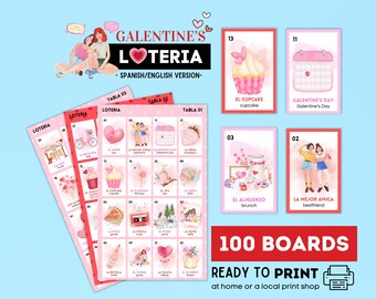 Loteria de Amizade para Galentine, 100 Cartelas Imprimíveis, Bingo Bilíngue do Amor e da Amizade
