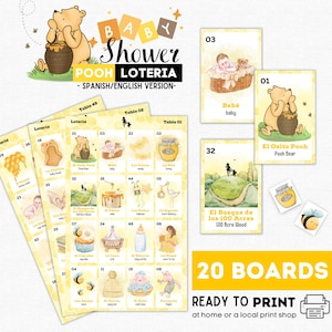Lotería de Baby Shower Neutral, Bingo de Baby Shower de Winnie Pooh, 20 tableros, 54 tarjetas de presentación, fichas, perfecto para fiesta de revelación de género, Winnie Pooh